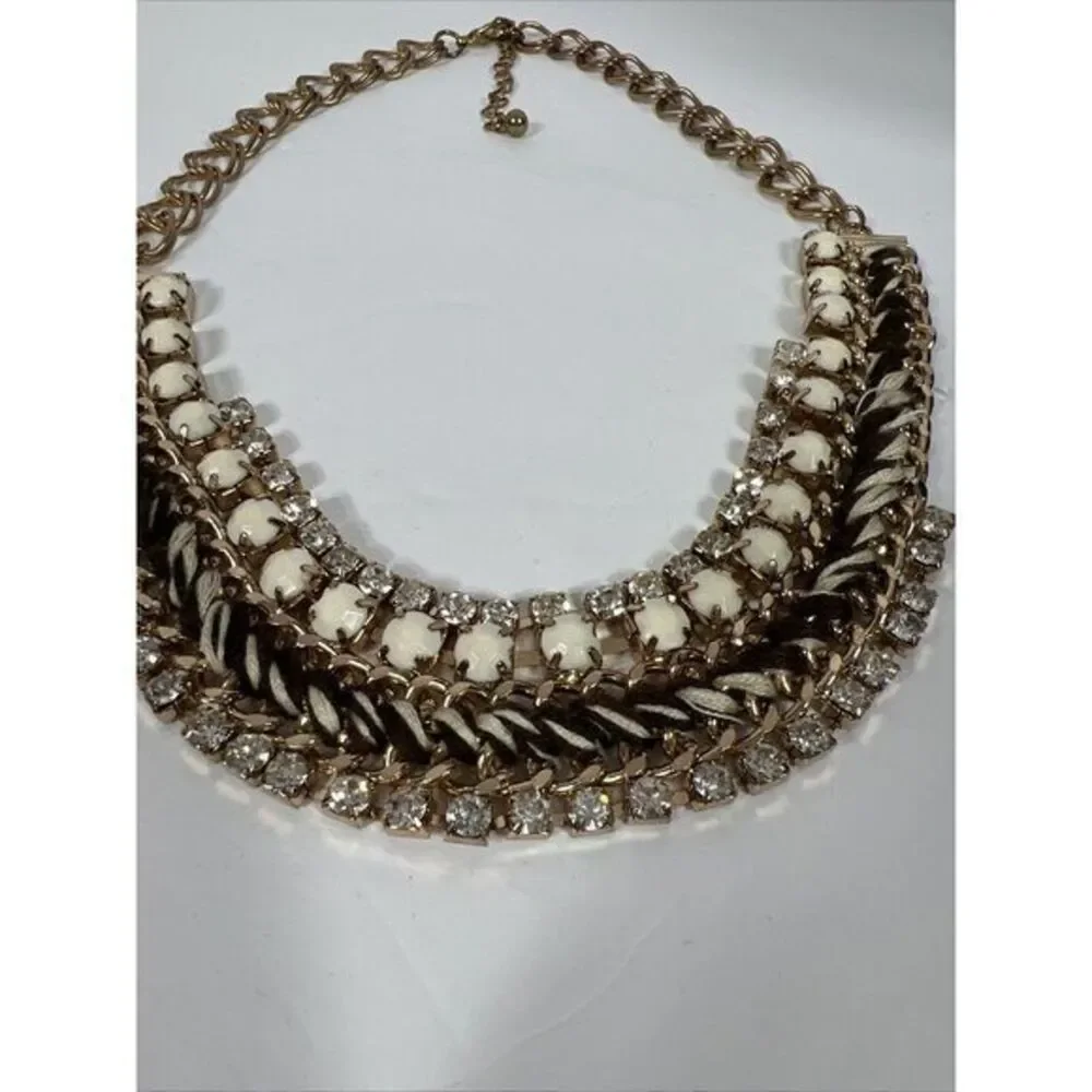 Ann Taylor‎ LOFT Women's Beige&Brown Ribbon Gold Link Crystal  Fan Necklace